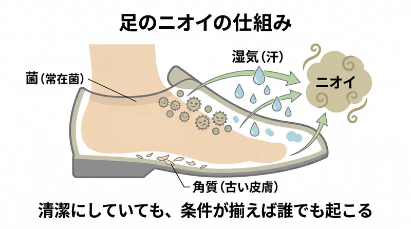 足のニオイの仕組み：菌・湿気・角質の3条件が揃うと発生する図解